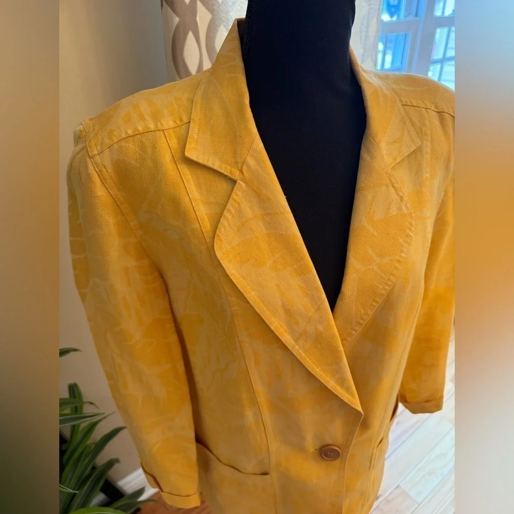 VTG Christian Dior 1 Button Cotton/Linen Yellow Palm Women’s Blazer Size 6 READ - Picture 2 of 16